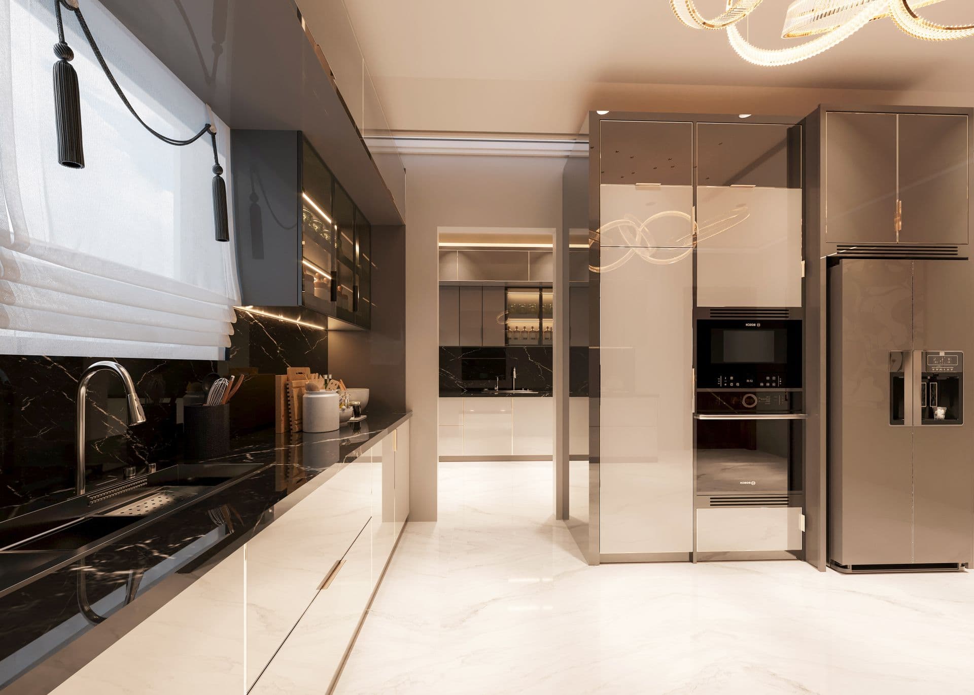 A marble kitchen island beneath a row of pendant lights
